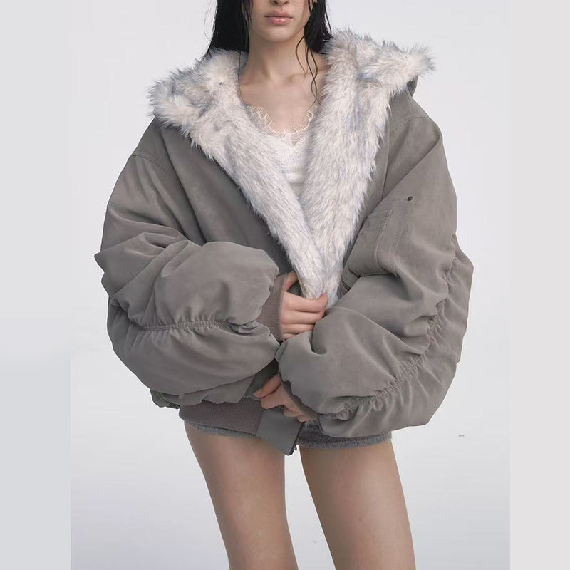 Gray Reverseable Fur Vintage Cotton padded Jacket Coat
