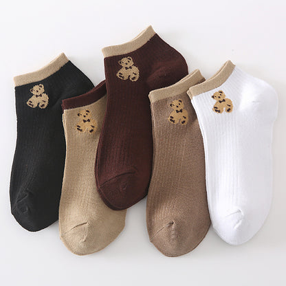 Women 5 Pair Set Low-cut Cartoon Cute Brown Bear Socks
