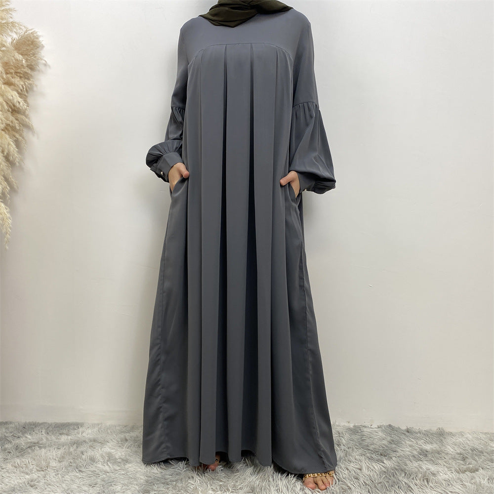 Muslim Solid Color Pleated Round Neck Abaya