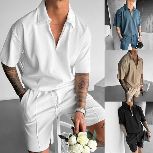 Men's Suits New Zipper Polo Casual Short Sleeve Drawstring Shorts