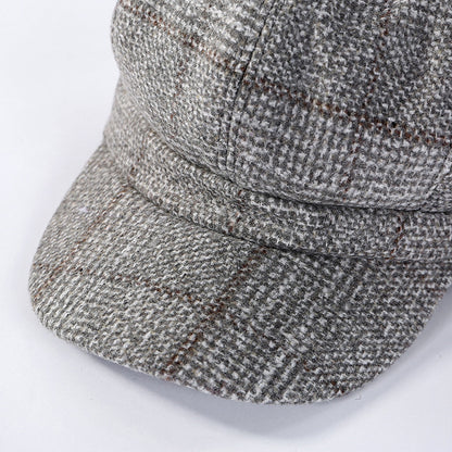 Thickened Plaid Woolen Octagonal Cap for Women