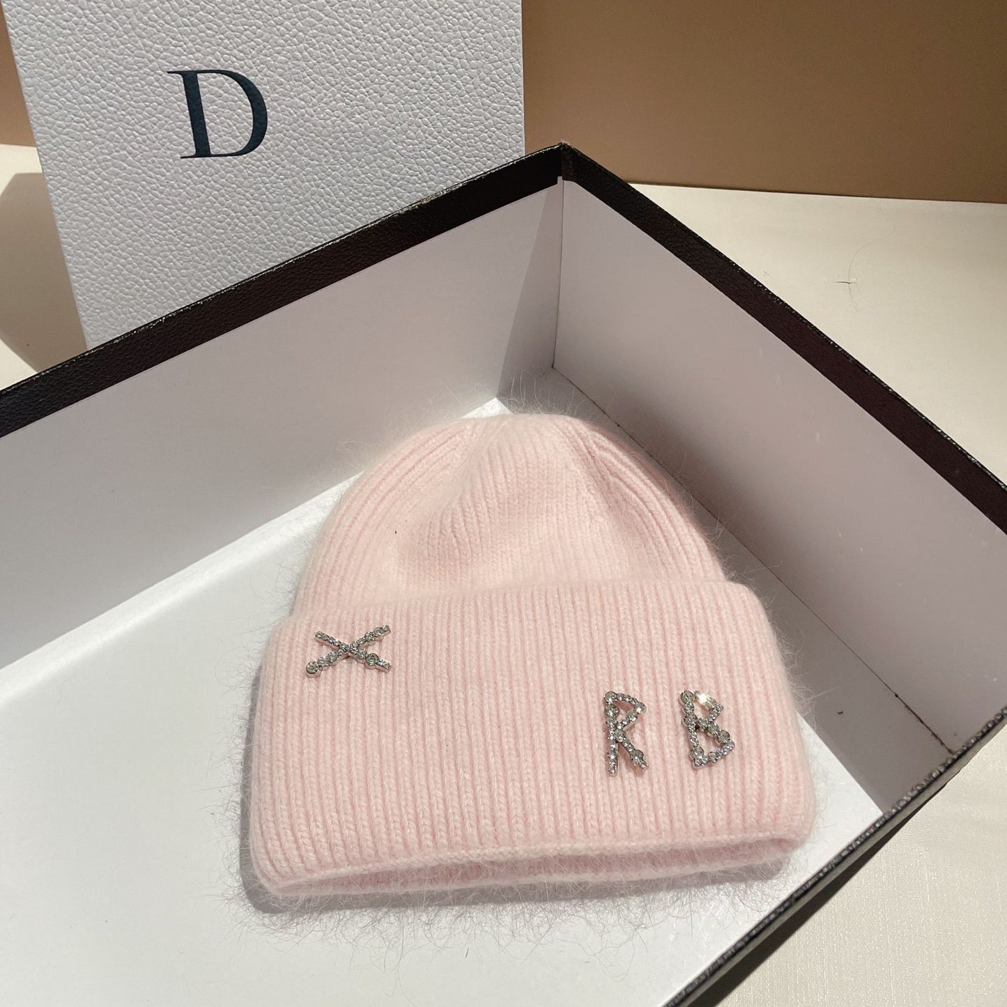 Winter RB Letter Fashion Rabbit Fur Knitted Warm Beanie Hat