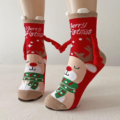 Christmas Magnetic Santa Claus Snowman Hand-holding Socks For Couple