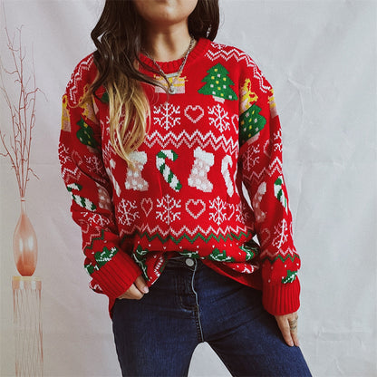 Women's Christmas Style Loose Round Neck Long-sleeved Sweater