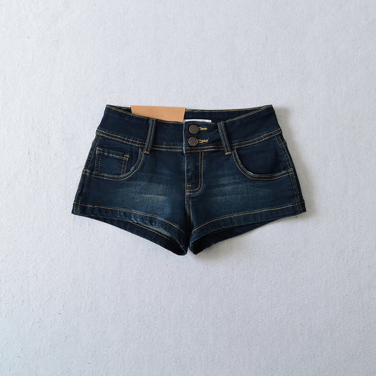 Two-button Distressed Tight Stretch Denim Shorts