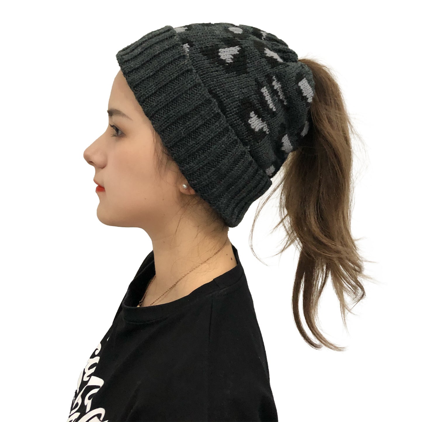 Leopard Print Bun Opening Knitted Beanie Hat