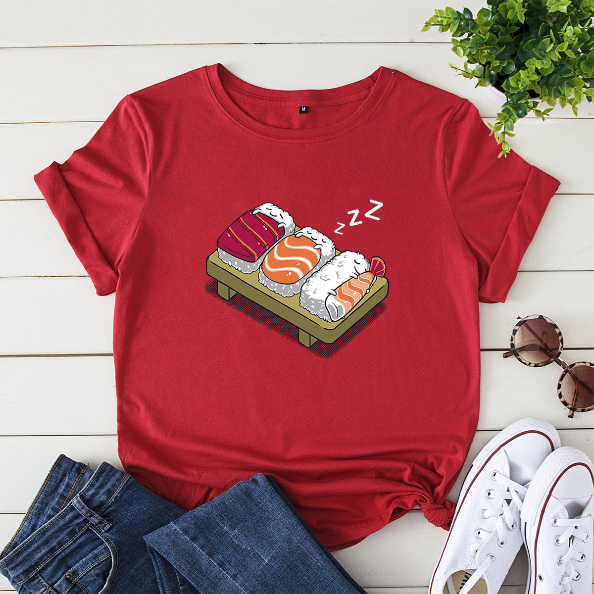 Women's Loose Round Neck Evil Sushi Short Sleeve T-shirt