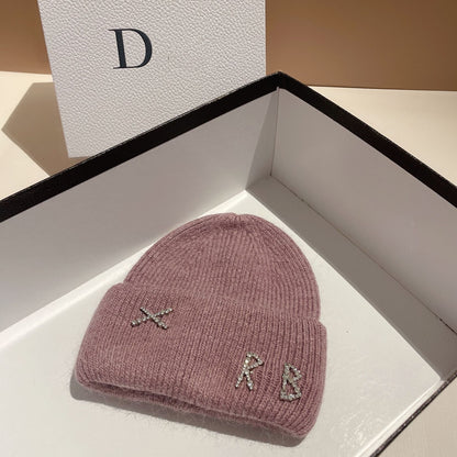 Winter RB Letter Fashion Rabbit Fur Knitted Warm Beanie Hat