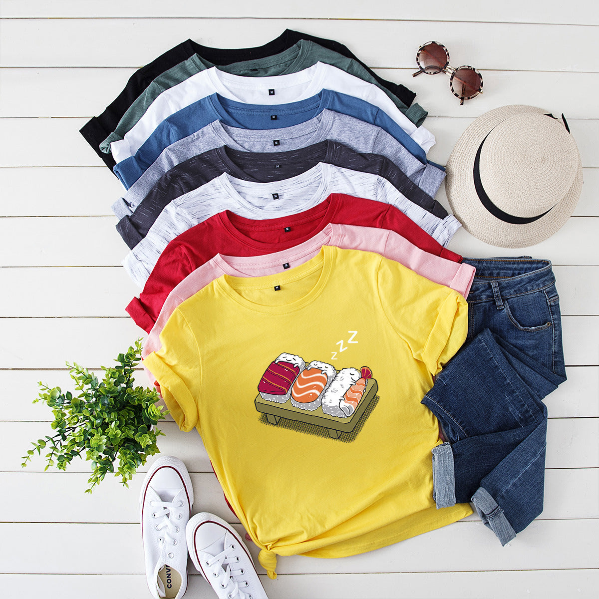 Women's Loose Round Neck Evil Sushi Short Sleeve T-shirt