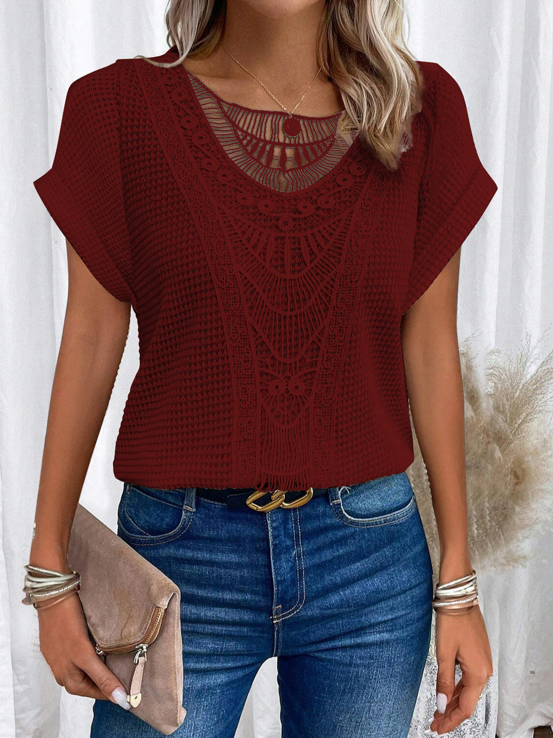 Hollow Out Short-sleeved T-shirt Fashion Ethnic Style Tops Women's Clothing