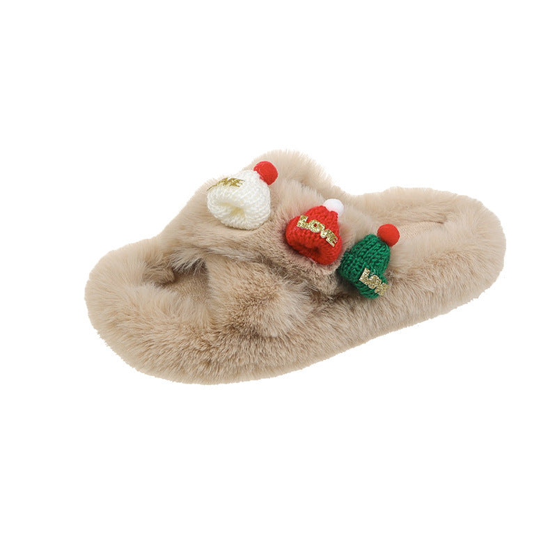 Christmas Hat Fluffy Women's Warm Toe Covering Cotton Slippers