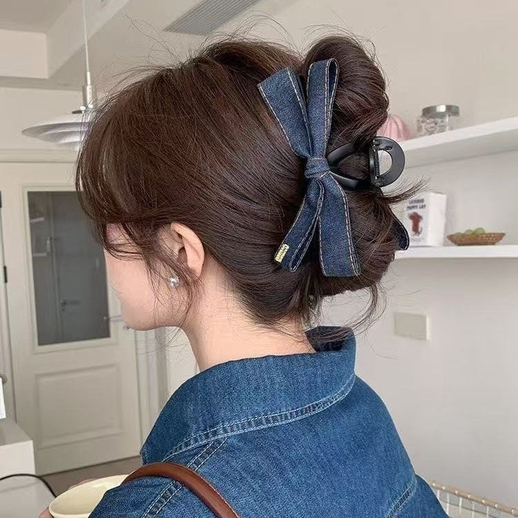 Blue Denim Bow Barrettes Hair Claw