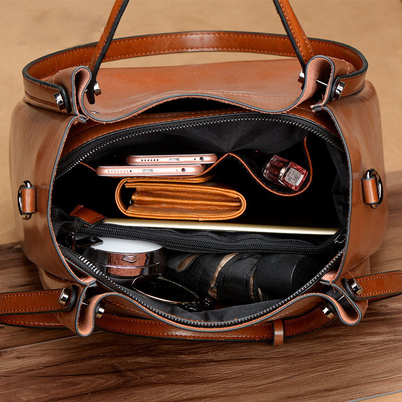 Women's Fashion Handmade Portable Oil Wax Cattle Leather Bag