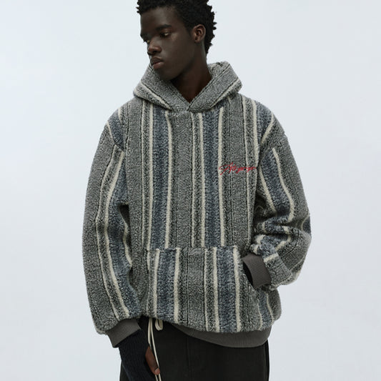 CORDUROY STRIPPED EXUDE LAMB WOOL FLEECE HOODIE