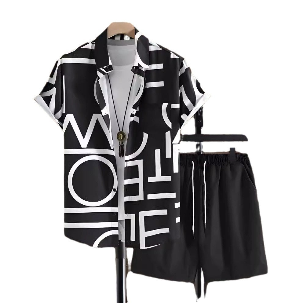 Black And White Striped Hawaiian Men's Shirt & Short Set