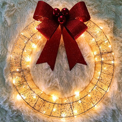 Christmas Garland 50CM Luminous LED Warm Light With Big Bowknot Christmas Front Door Hanging Decor