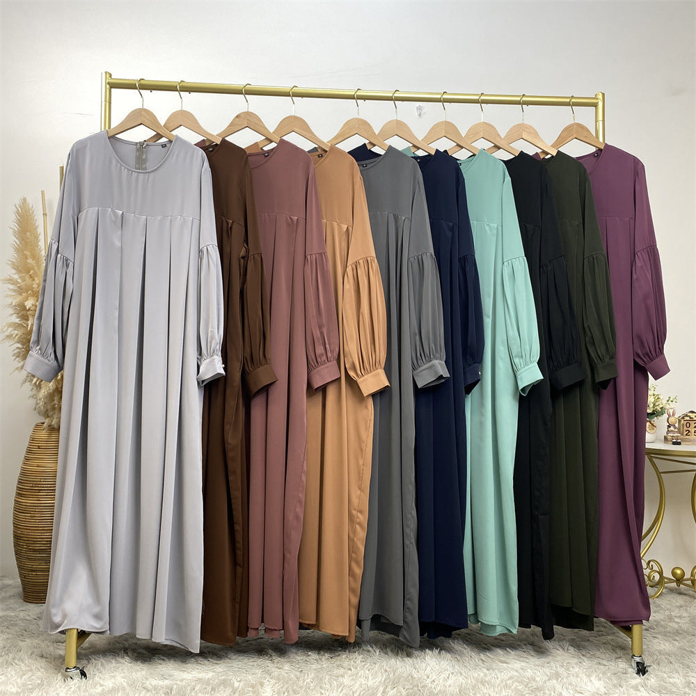 Muslim Solid Color Pleated Round Neck Abaya