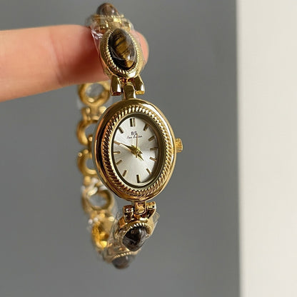Women's Small Jade Oval Diamond Quartz Bracelet Watch
