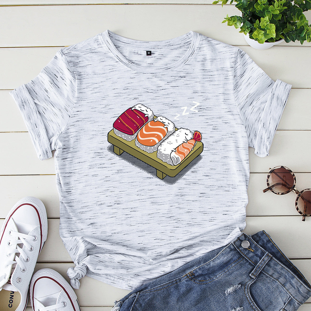 Women's Loose Round Neck Evil Sushi Short Sleeve T-shirt