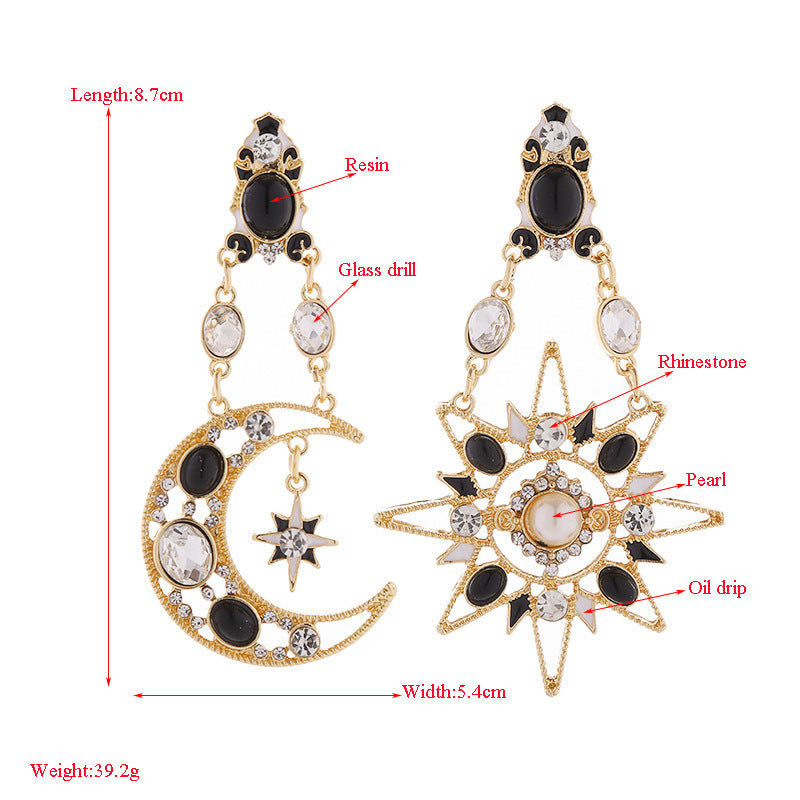 Retro Exaggerated Earrings For Women Rhinestone Pearl Moon