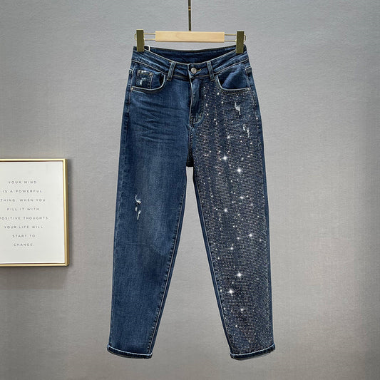 Women's Cotton Elastic High Waist Slimming Hot Rhinestones Jeans