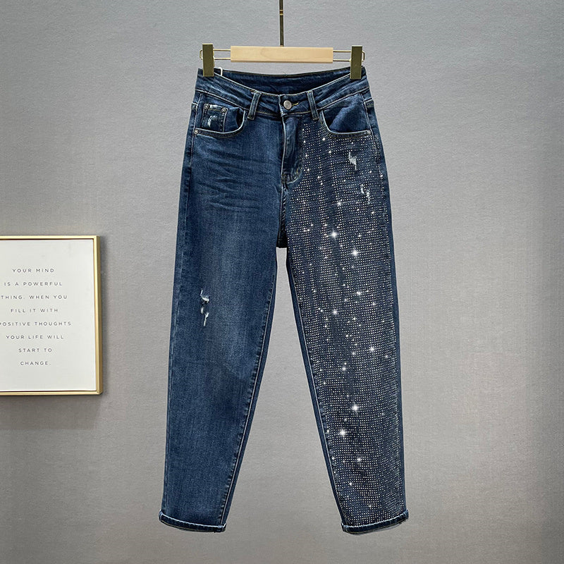 Women's Cotton Elastic High Waist Slimming Hot Rhinestones Jeans