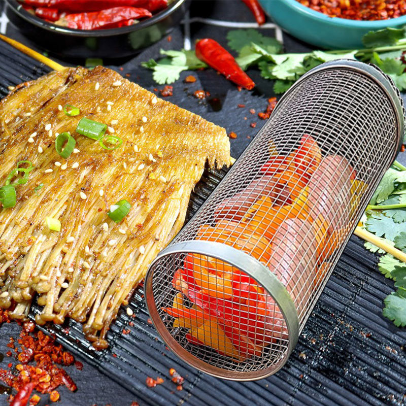 Rolling Grilling Metal BBQ Net Portable Outdoor Camping Barbecue Rack Basket