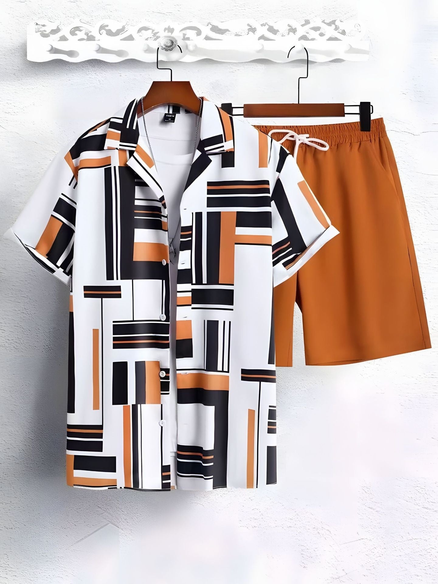 Black And White Striped Hawaiian Men's Shirt & Short Set