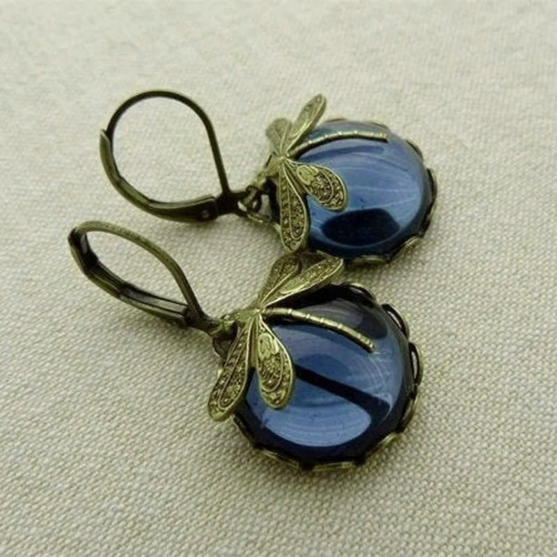 Vintage Dragonfly Pendant Earring Boho Chakra Blue Moonstone Earrings For Women
