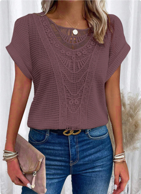Hollow Out Short-sleeved T-shirt Fashion Ethnic Style Tops Women's Clothing