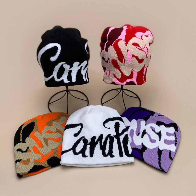 American Contrast Color Letter Jacquard Knitted Beanie Hat