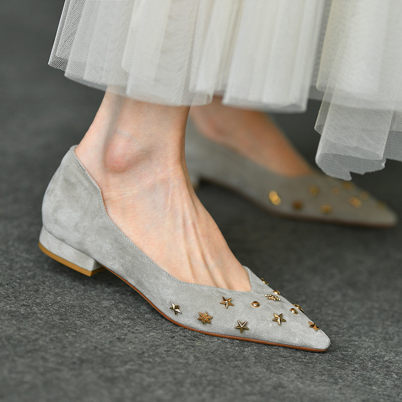 Frosted Low-cut Pointed-toe Shoes All-match Flat Low Heel Slip-on Pumps Upper material Cashmere (sheepskin)