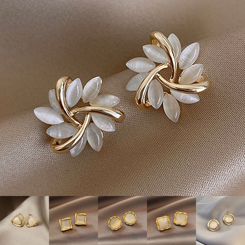 Cat's Eye Flower High Sense Opal Square Triangle Geometry Earrings