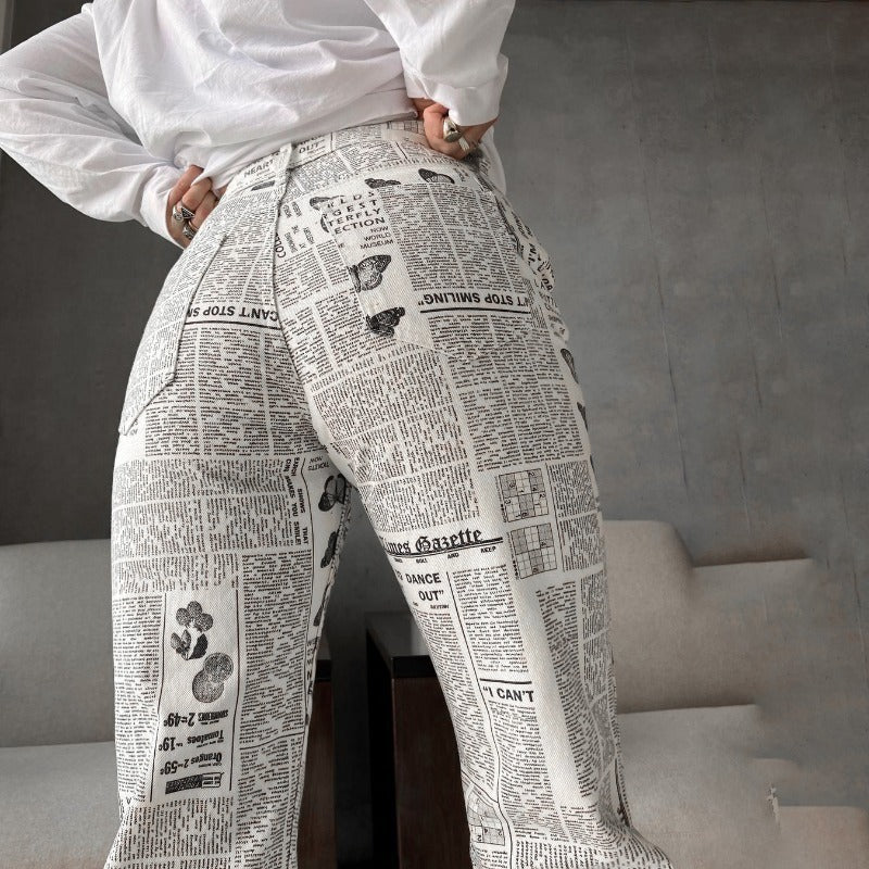 Woman Fashion Beige Print Straight Patchwork Trouser Pant