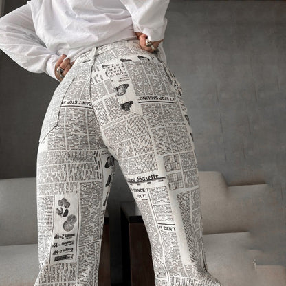 Woman Fashion Beige Print Straight Patchwork Trouser Pant