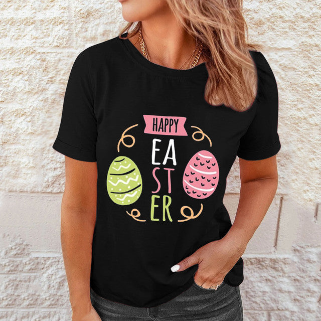 Women Easter Printed Casual Blouses Short Sleeve Shirt