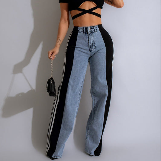Summer Fashion Stitching Three Striped Wide Leg Denim Trousers For Women