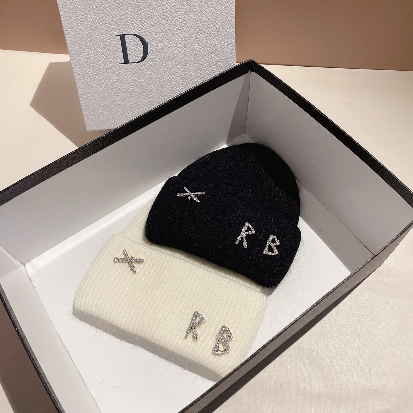 Winter RB Letter Fashion Rabbit Fur Knitted Warm Beanie Hat