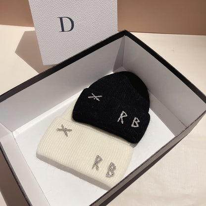 Winter RB Letter Fashion Rabbit Fur Knitted Warm Beanie Hat