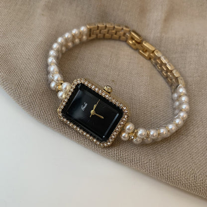 Silver Black Square Pearl Bracelet Watch