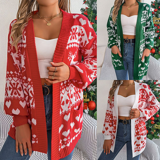 Christmas Women's Open Front Cardigan Knitwear Lantern Sleeve Xmas Printed