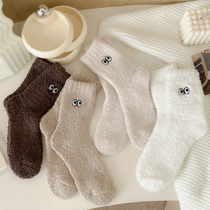 Women's Solid Color Embroidered Sleep Thickening Warm Terry Socks