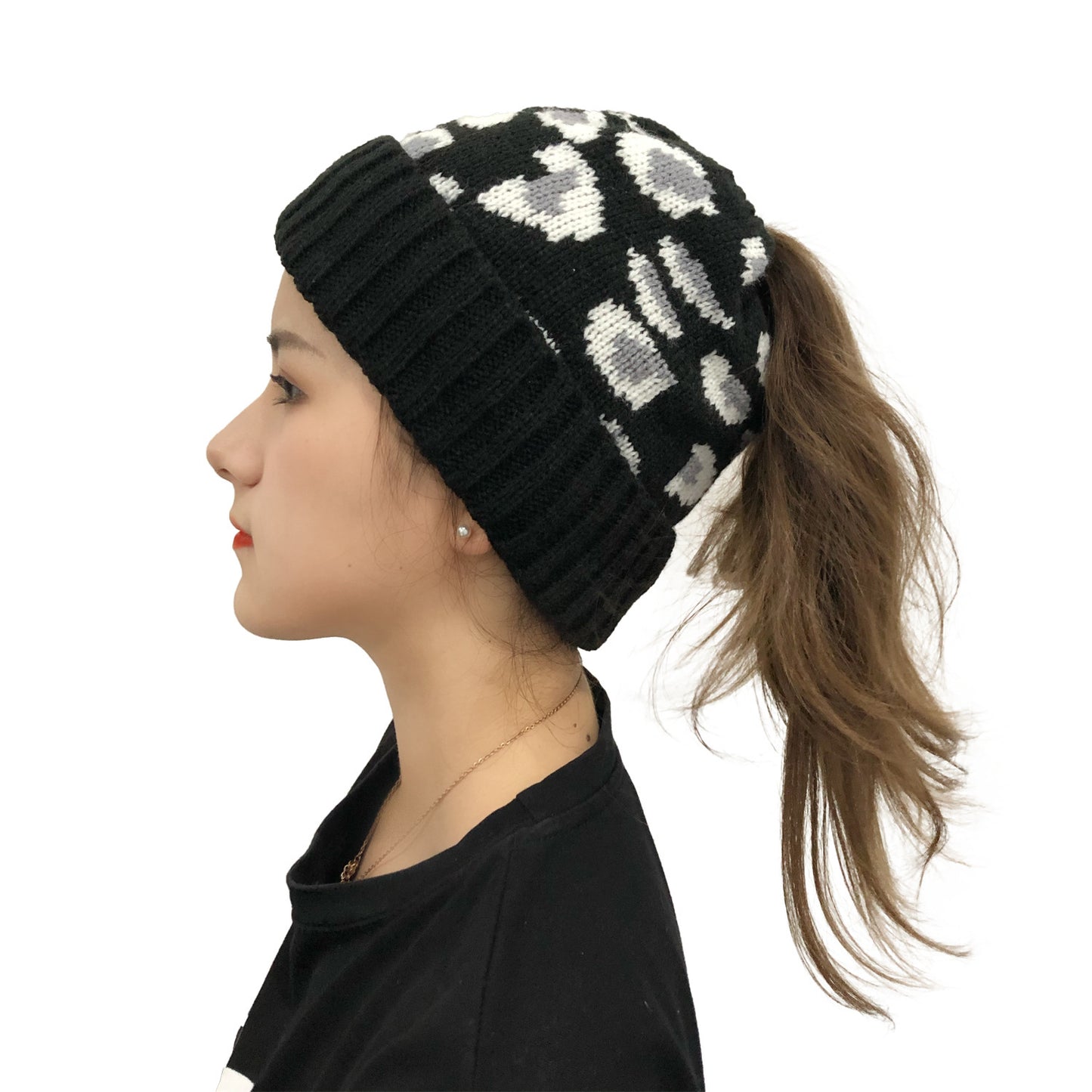 Leopard Print Bun Opening Knitted Beanie Hat