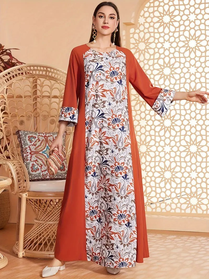 Elegant Floral Print Long Sleeved Abaya Robe Dress