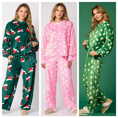 Christmas Santa Claus Casual Flannel Pajama Sets For Women 2 Piecee