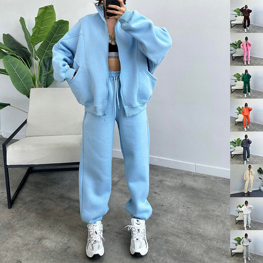 Sports Suits With Pockets Stand-up Collar Zipper Cardigan And Drawstring Trousers