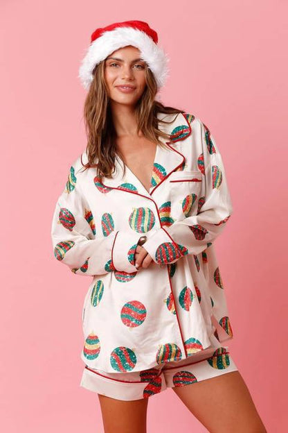 Satin Printed Santa Claus Two-piece Suit